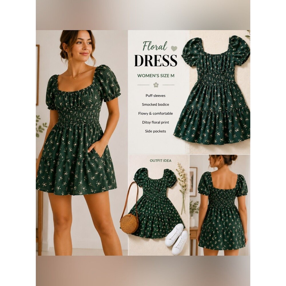 Hollister Green Floral Smocked Romper Dress | Puff Sleeves |Side Pockets |Size M